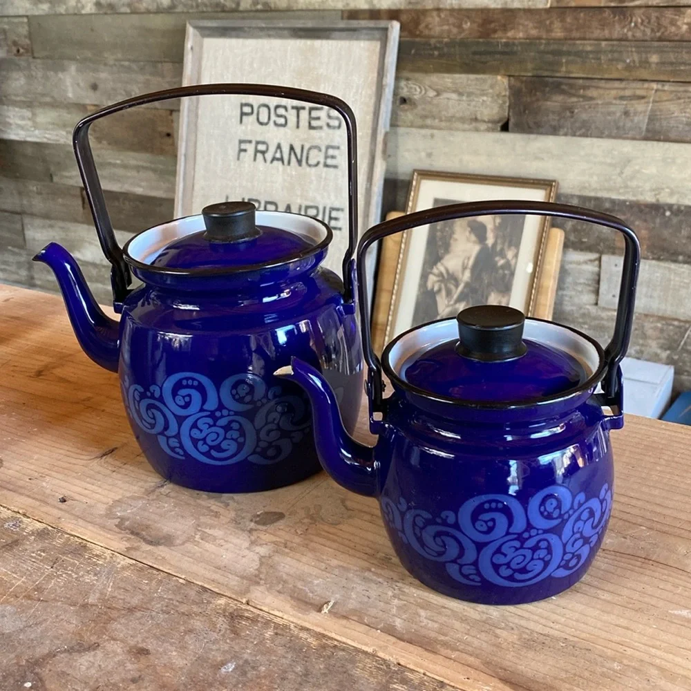 Mid Century Scandinavian Enameled Tea Kettles by Kaj Franck for Arabia Finland